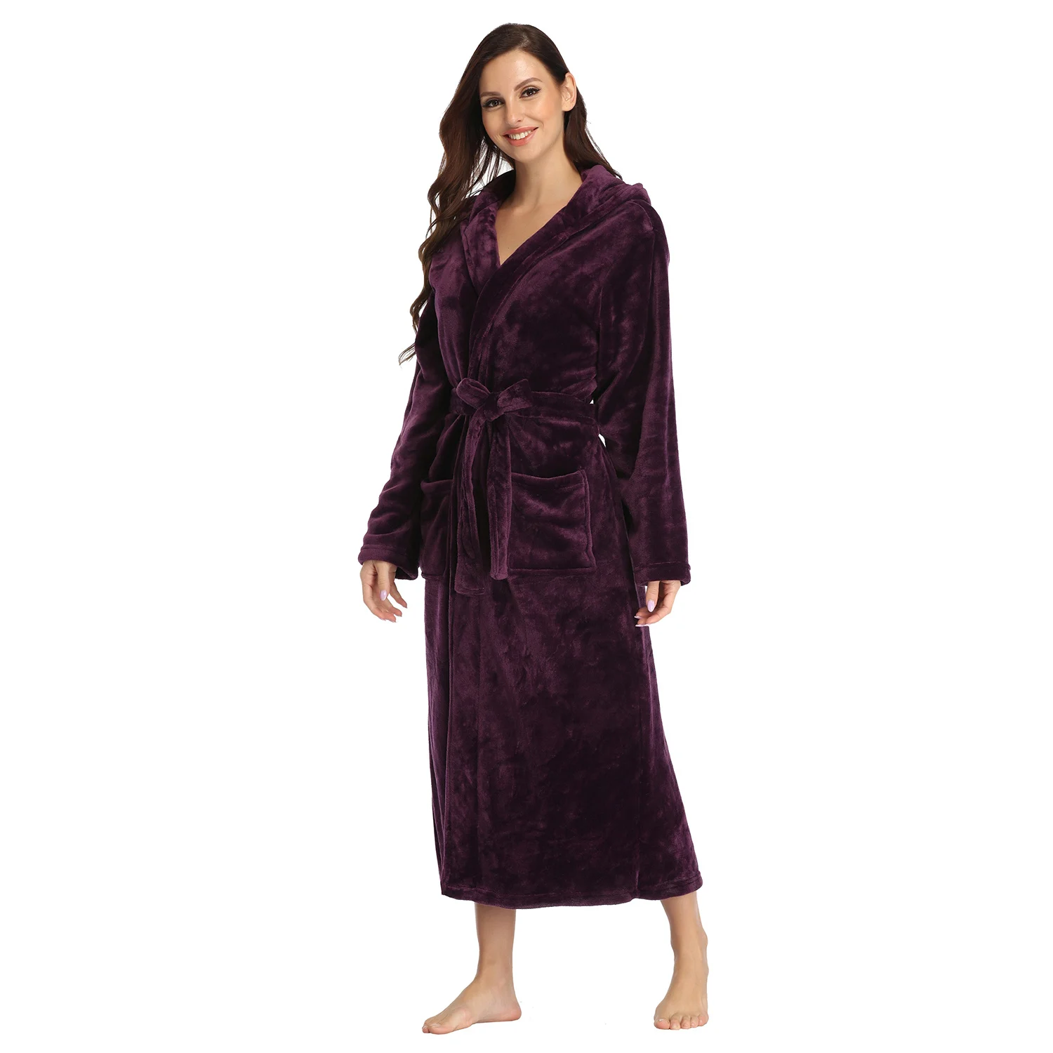 RONGTAI Womens Long Robes Plush Fleece Nightgown Thick Hooded Bathrobe With Pockets Fluffy Sleepwear For Men - Image 4