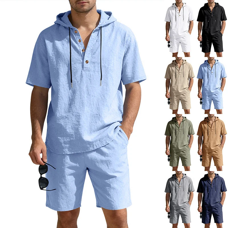 Men's Linen Hooded Casual Set - Loose Fit Breathable Two-Piece Outfit For Summer Daily Wear Holiday Outfit