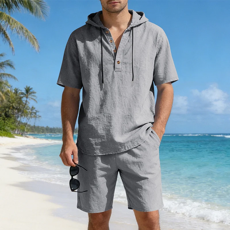 Men's Linen Hooded Casual Set - Loose Fit Breathable Two-Piece Outfit For Summer Daily Wear Holiday Outfit - Image 4