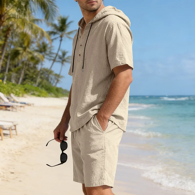 Men's Linen Hooded Casual Set - Loose Fit Breathable Two-Piece Outfit For Summer Daily Wear Holiday Outfit - Image 10