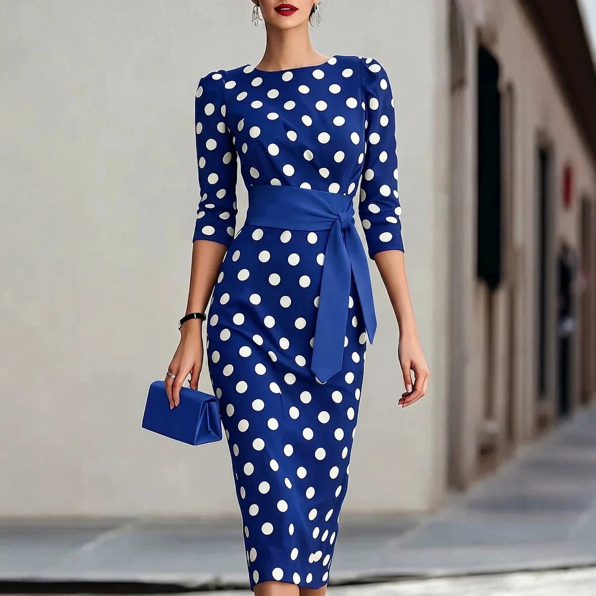 Retro Polka-dot Navy Blue Belted Waist-hugging Elegant Dress - Image 7