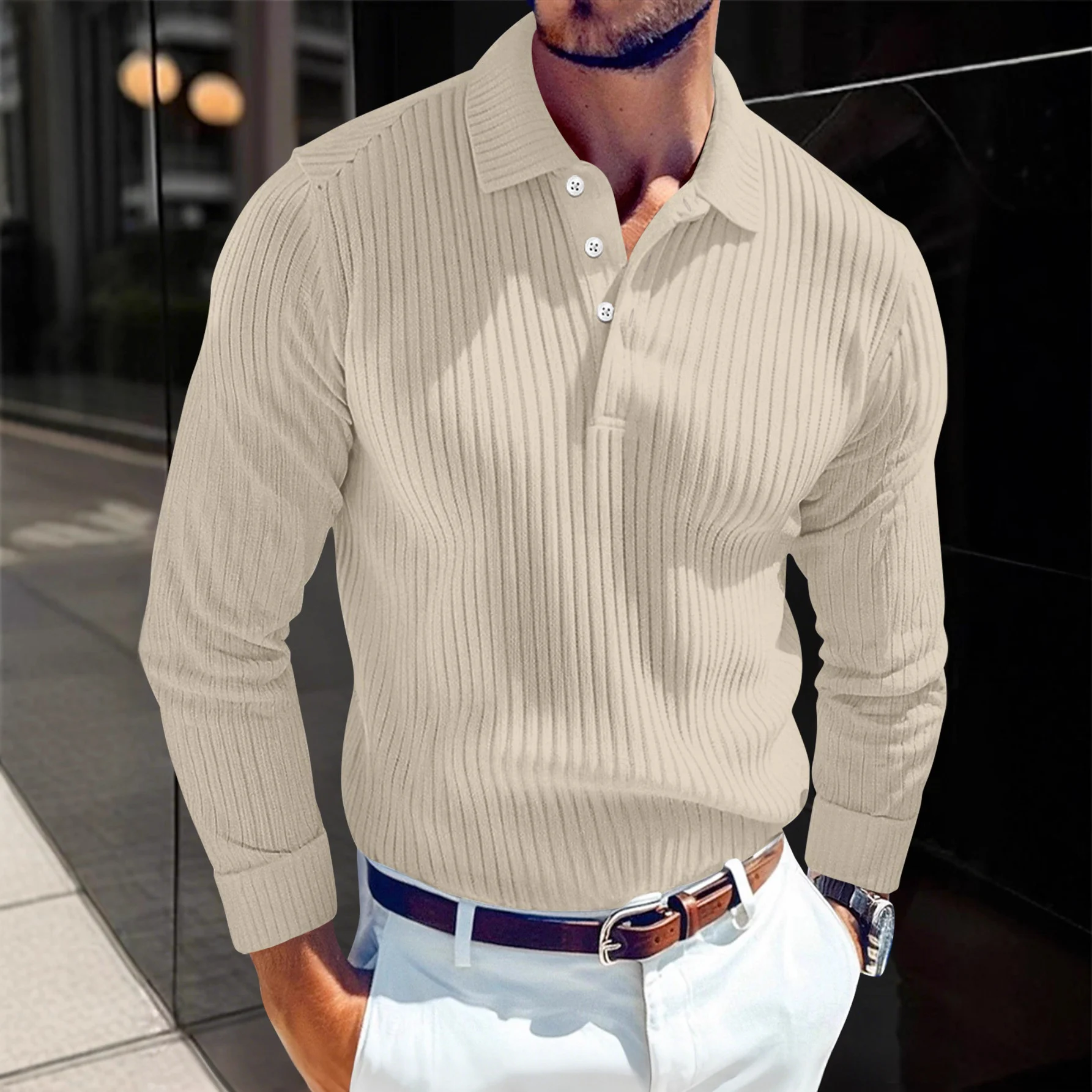 Men's Polo T-shirt With A Turn-down Collar Spring Summer Business Buttoned Long-sleeve Sports Retro Style Striped Polo Shirt For Daily Wear - Image 2