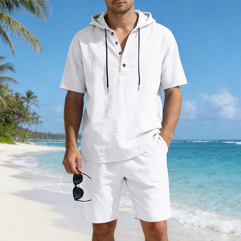 Men's Linen Hooded Casual Set - Loose Fit Breathable Two-Piece Outfit For Summer Daily Wear Holiday Outfit - Image 3