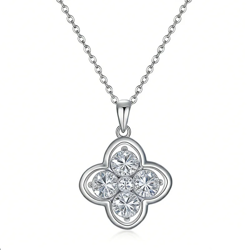 S925 Sterling Silver 4pcs 5mm Round Moissanite Clover Necklace 45cm Platinum Gold Plated GRA Certified Gift Box