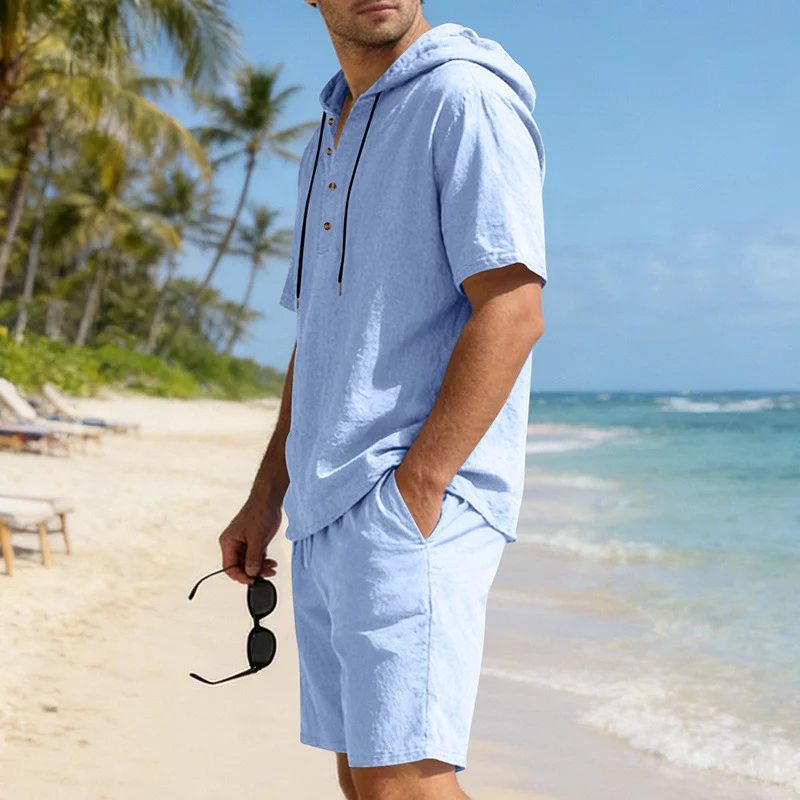 Men's Linen Hooded Casual Set - Loose Fit Breathable Two-Piece Outfit For Summer Daily Wear Holiday Outfit - Image 6