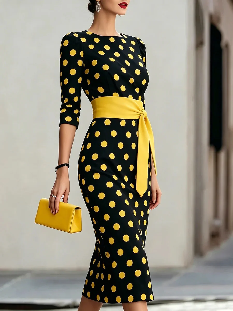 Retro Polka-dot Navy Blue Belted Waist-hugging Elegant Dress - Image 9