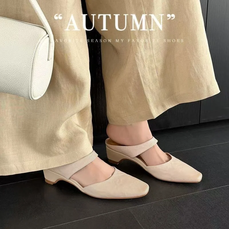 Women's Handmade Washed Leather Mary Jane Mules, Square Toe Mid Heel Slip-On Slides With Pigskin Lining - Image 3