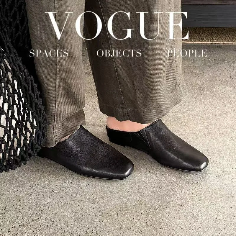 Women's Handmade Full-Grain Sheepskin Closed-Toe Mules, Square Toe Slip-On Flat Slides - Image 4