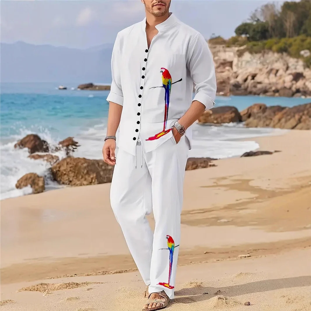 Spring Autumn Casual Lapel Long-Sleeve Mens Shirt Set