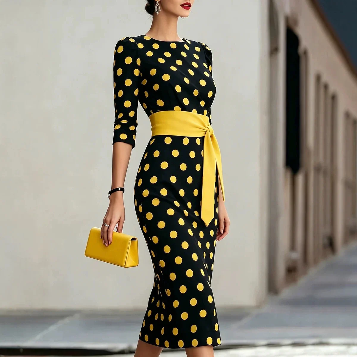 Retro Polka-dot Navy Blue Belted Waist-hugging Elegant Dress - Image 6