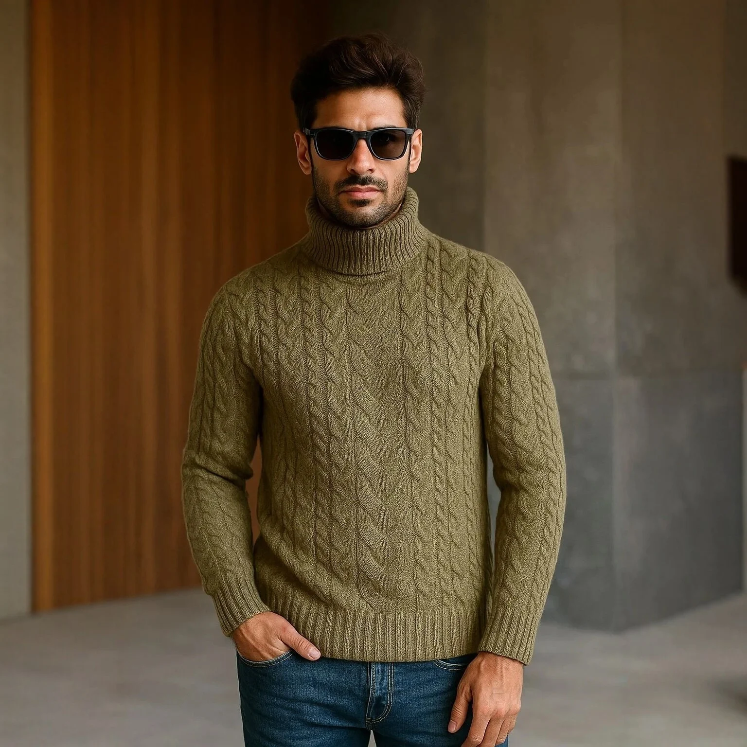 Mens Turtleneck Cable-Knit Sweater