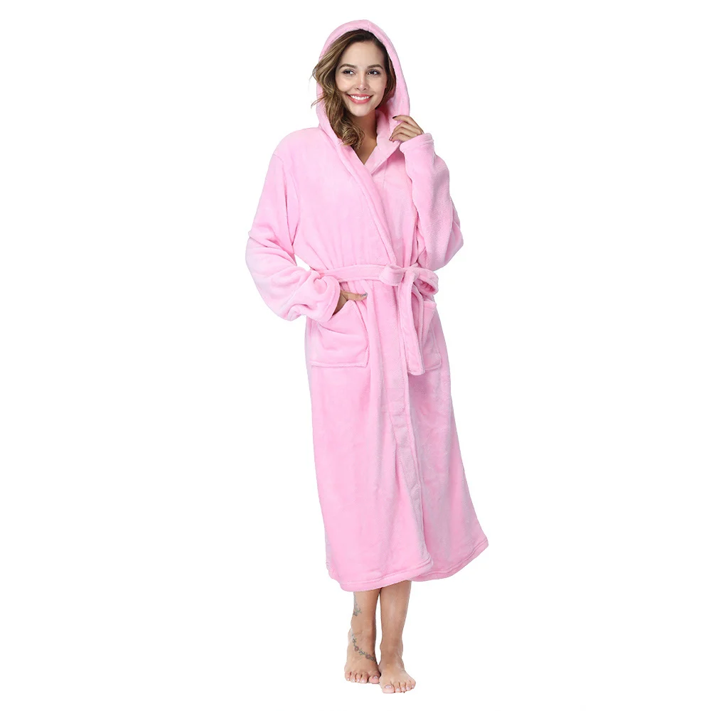 RONGTAI Womens Long Robes Plush Fleece Nightgown Thick Hooded Bathrobe With Pockets Fluffy Sleepwear For Men - Image 6