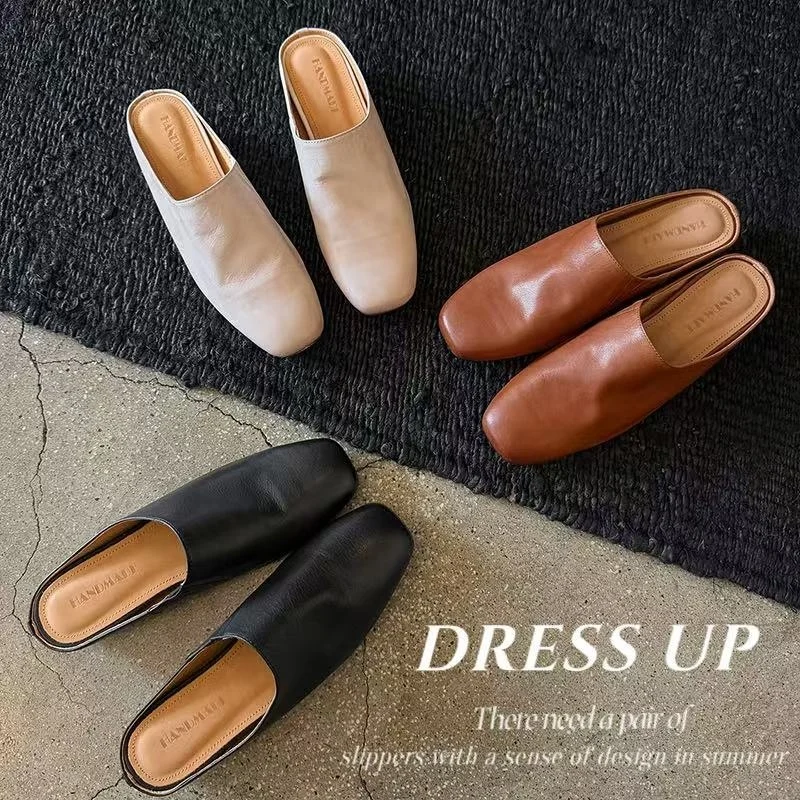 Women's Handmade Full-Grain Sheepskin Closed-Toe Mules, Square Toe Slip-On Flat Slides