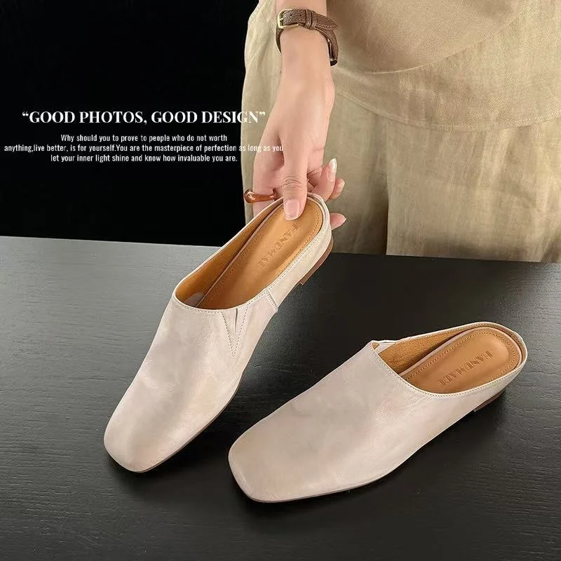 Women's Handmade Full-Grain Sheepskin Closed-Toe Mules, Square Toe Slip-On Flat Slides - Image 9