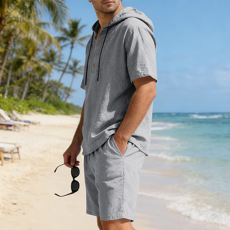 Men's Linen Hooded Casual Set - Loose Fit Breathable Two-Piece Outfit For Summer Daily Wear Holiday Outfit - Image 8