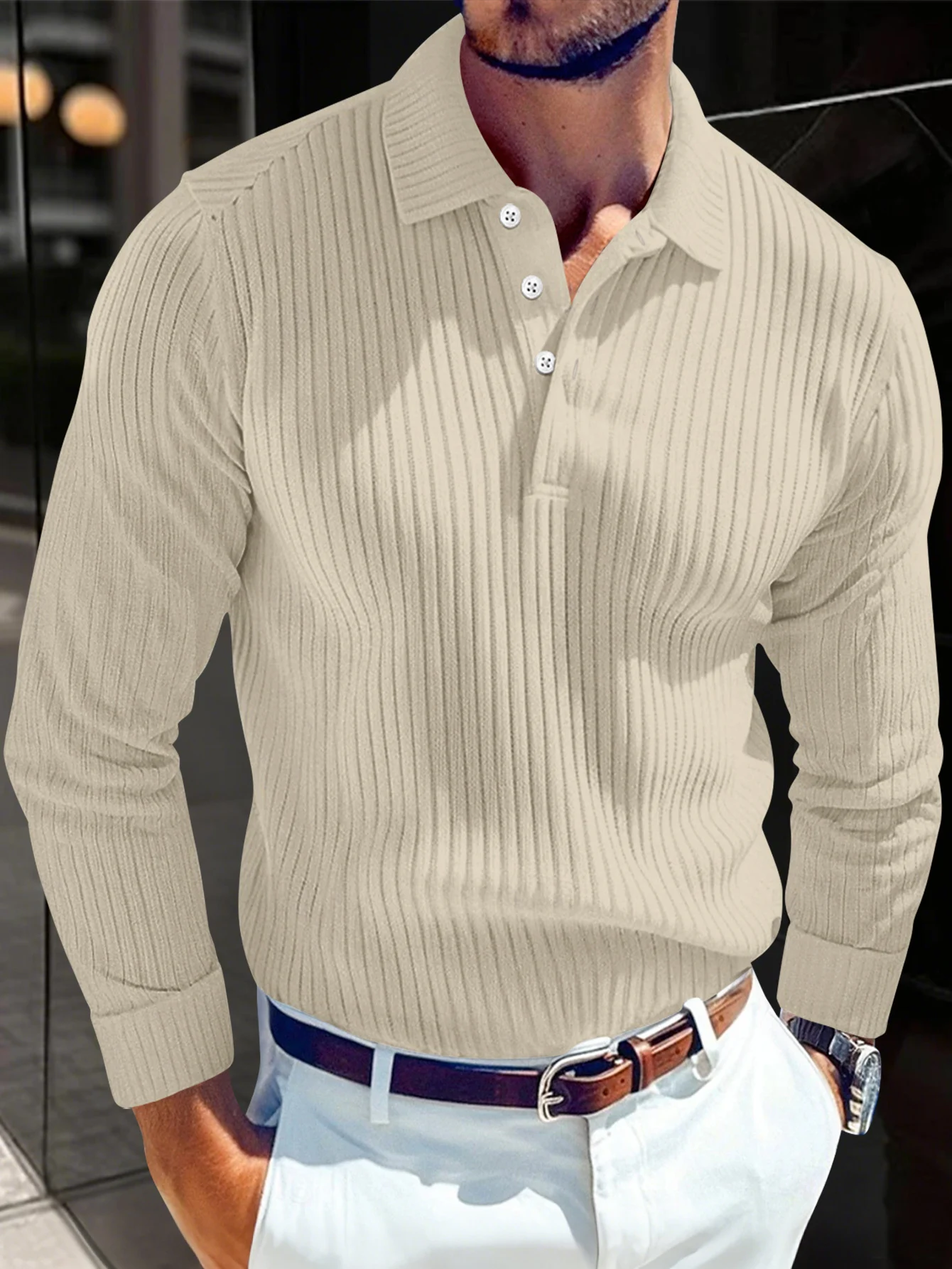 Men's Polo T-shirt With A Turn-down Collar Spring Summer Business Buttoned Long-sleeve Sports Retro Style Striped Polo Shirt For Daily Wear - Image 7