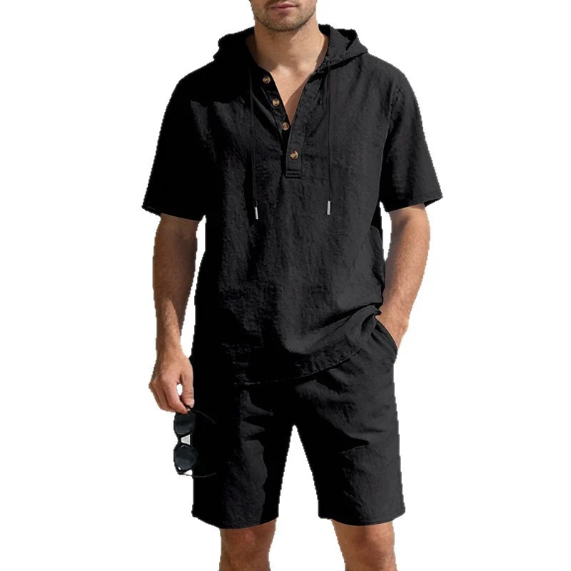 Men's Linen Hooded Casual Set - Loose Fit Breathable Two-Piece Outfit For Summer Daily Wear Holiday Outfit - Image 7