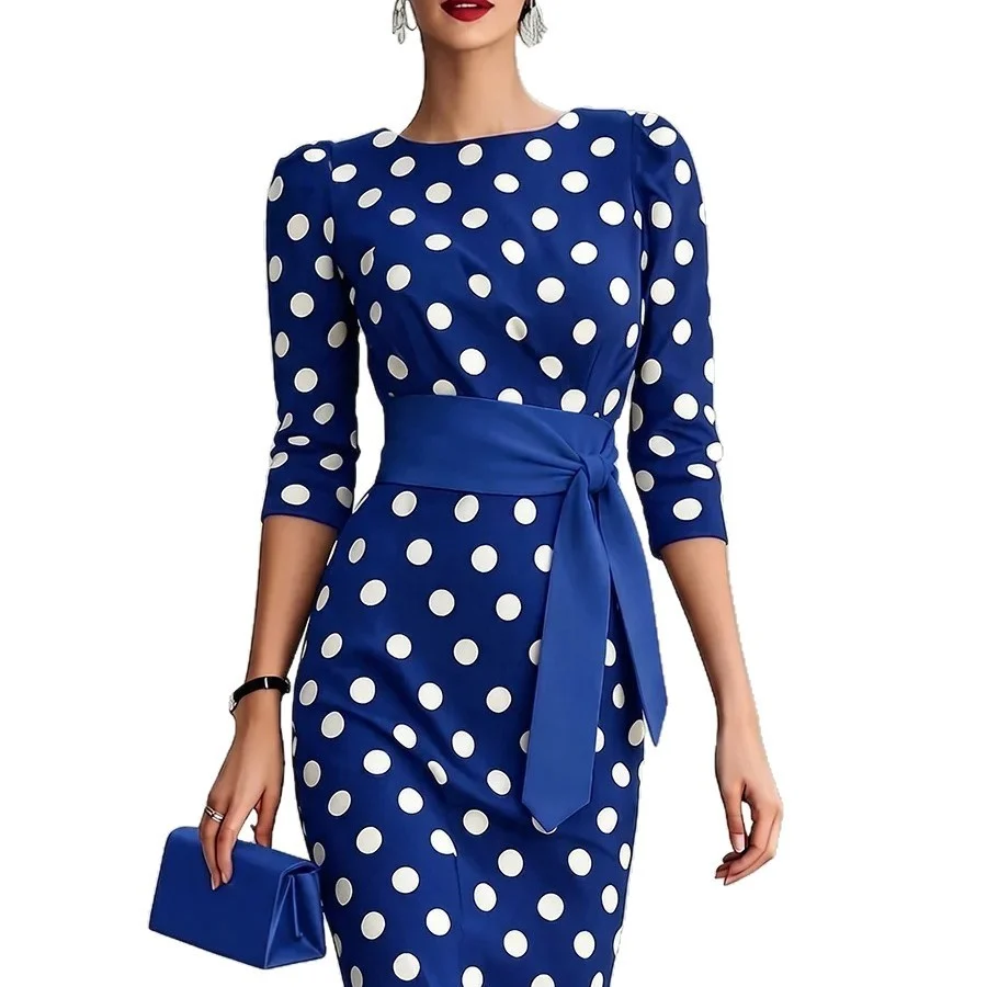Retro Polka-dot Navy Blue Belted Waist-hugging Elegant Dress - Image 5