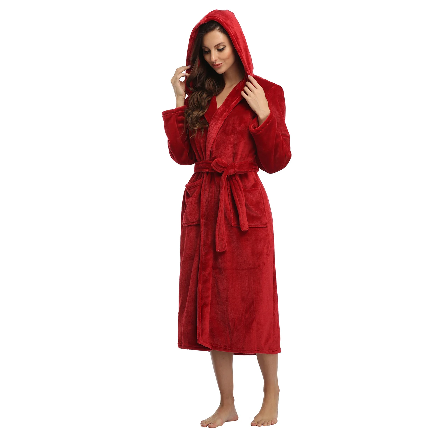 RONGTAI Womens Long Robes Plush Fleece Nightgown Thick Hooded Bathrobe With Pockets Fluffy Sleepwear For Men - Image 7