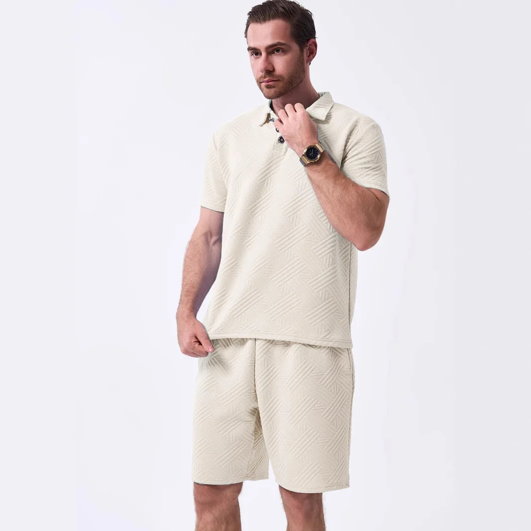 New Mens Solid-color Jacquard Casual Short-sleeve Top And Shorts Two-piece Set - Image 3