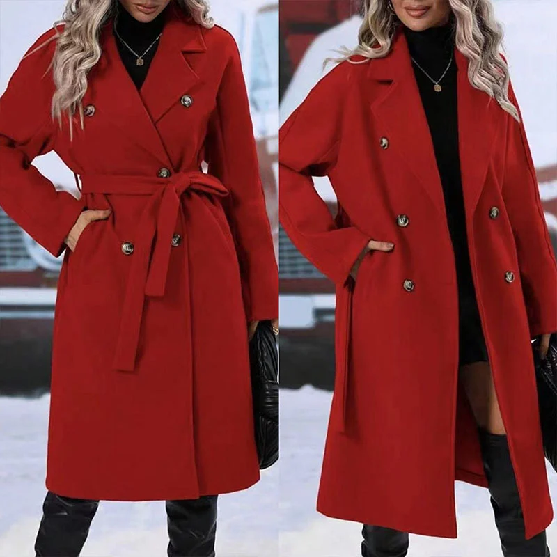 Lapel Double-breasted Trench Coat With Belt Winter Fashion Solid Color Long Jacket Outwear Women Clothing - Image 10