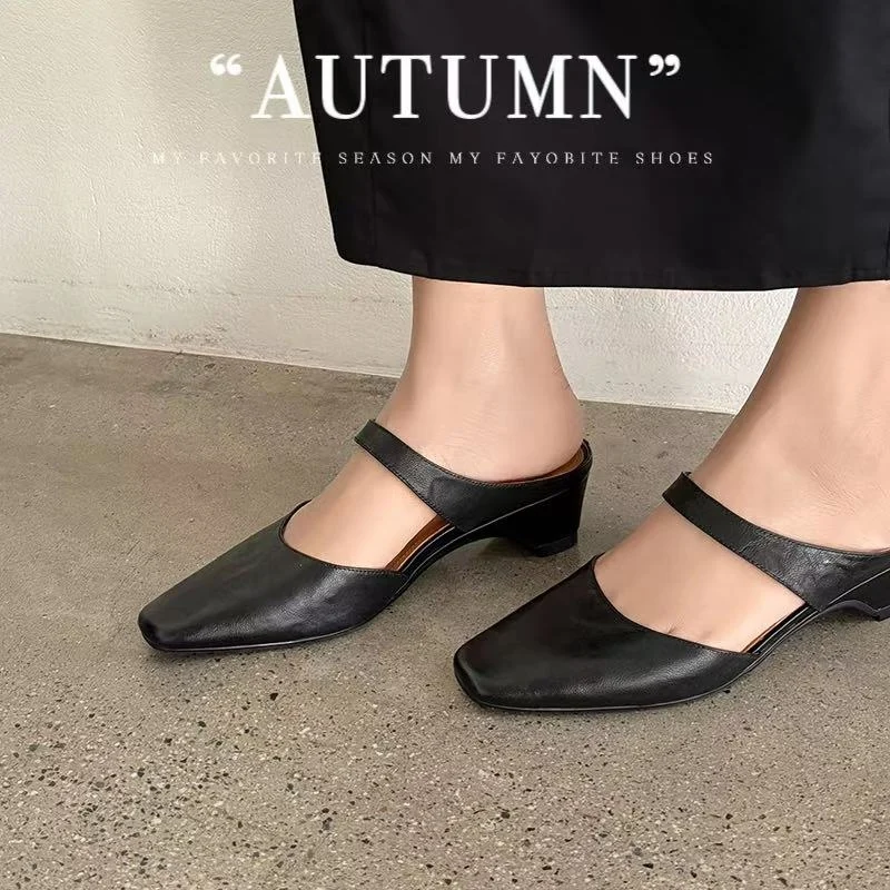 Women's Handmade Washed Leather Mary Jane Mules, Square Toe Mid Heel Slip-On Slides With Pigskin Lining