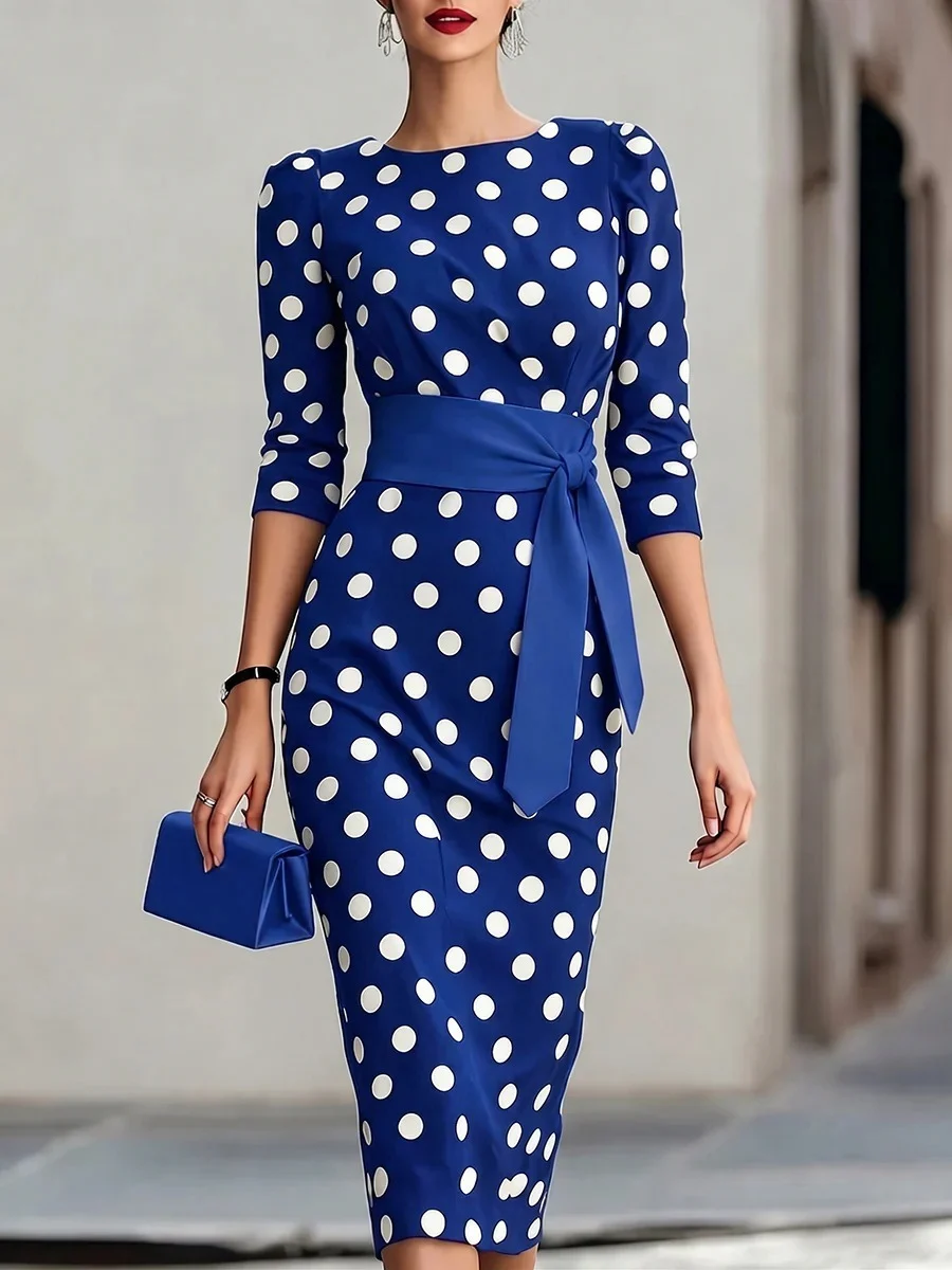 Retro Polka-dot Navy Blue Belted Waist-hugging Elegant Dress - Image 2