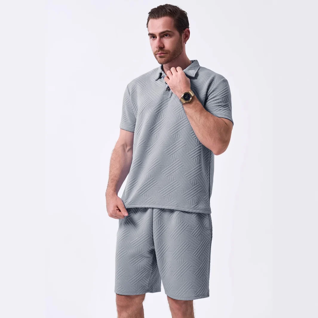 New Mens Solid-color Jacquard Casual Short-sleeve Top And Shorts Two-piece Set - Image 6