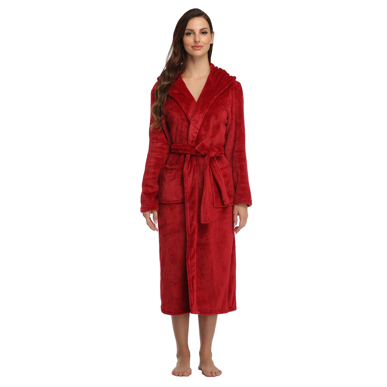 RONGTAI Womens Long Robes Plush Fleece Nightgown Thick Hooded Bathrobe With Pockets Fluffy Sleepwear For Men - Image 4