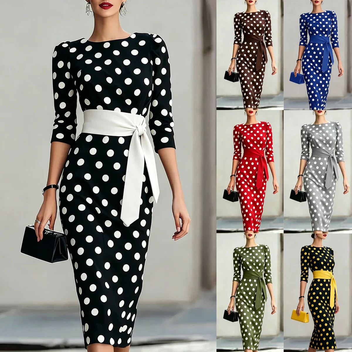 Retro Polka-dot Navy Blue Belted Waist-hugging Elegant Dress