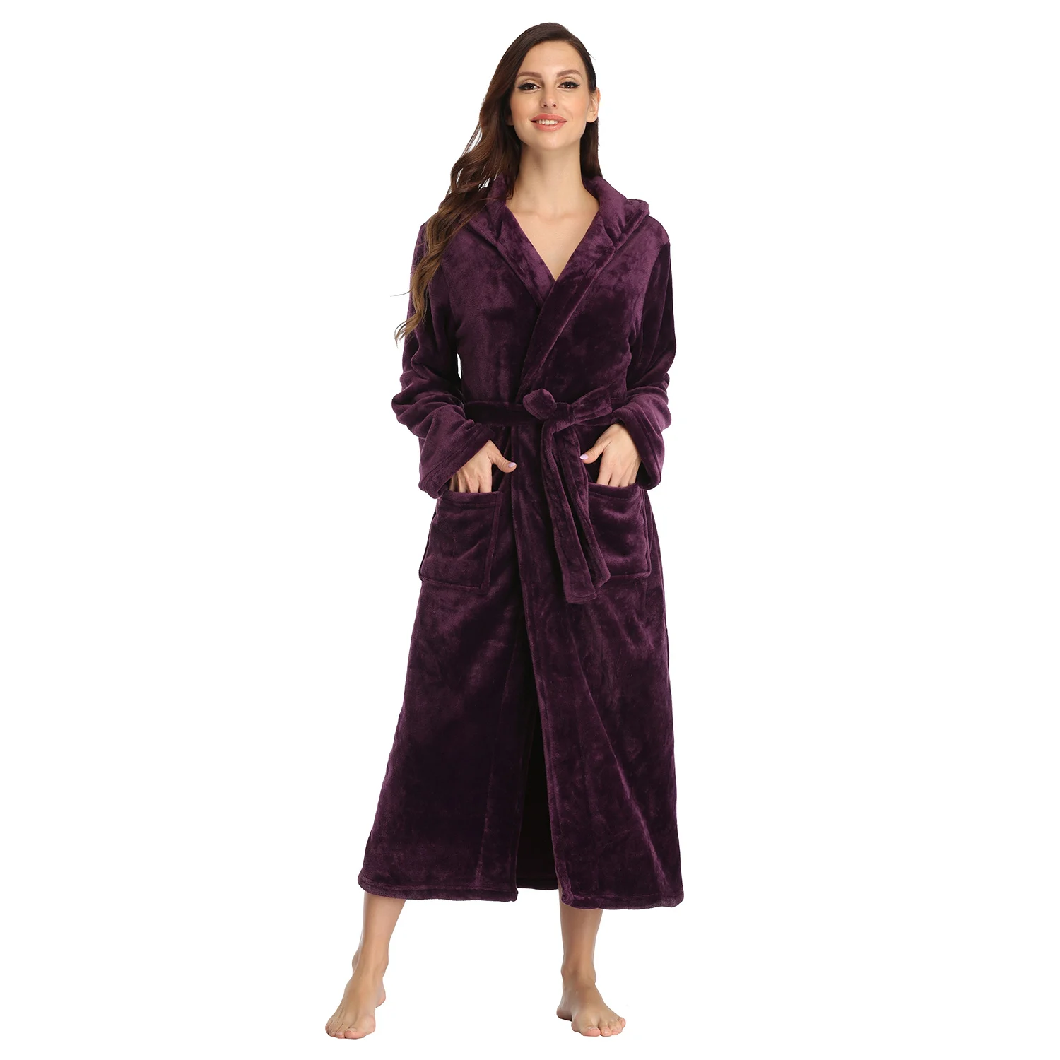 RONGTAI Womens Long Robes Plush Fleece Nightgown Thick Hooded Bathrobe With Pockets Fluffy Sleepwear For Men - Image 3