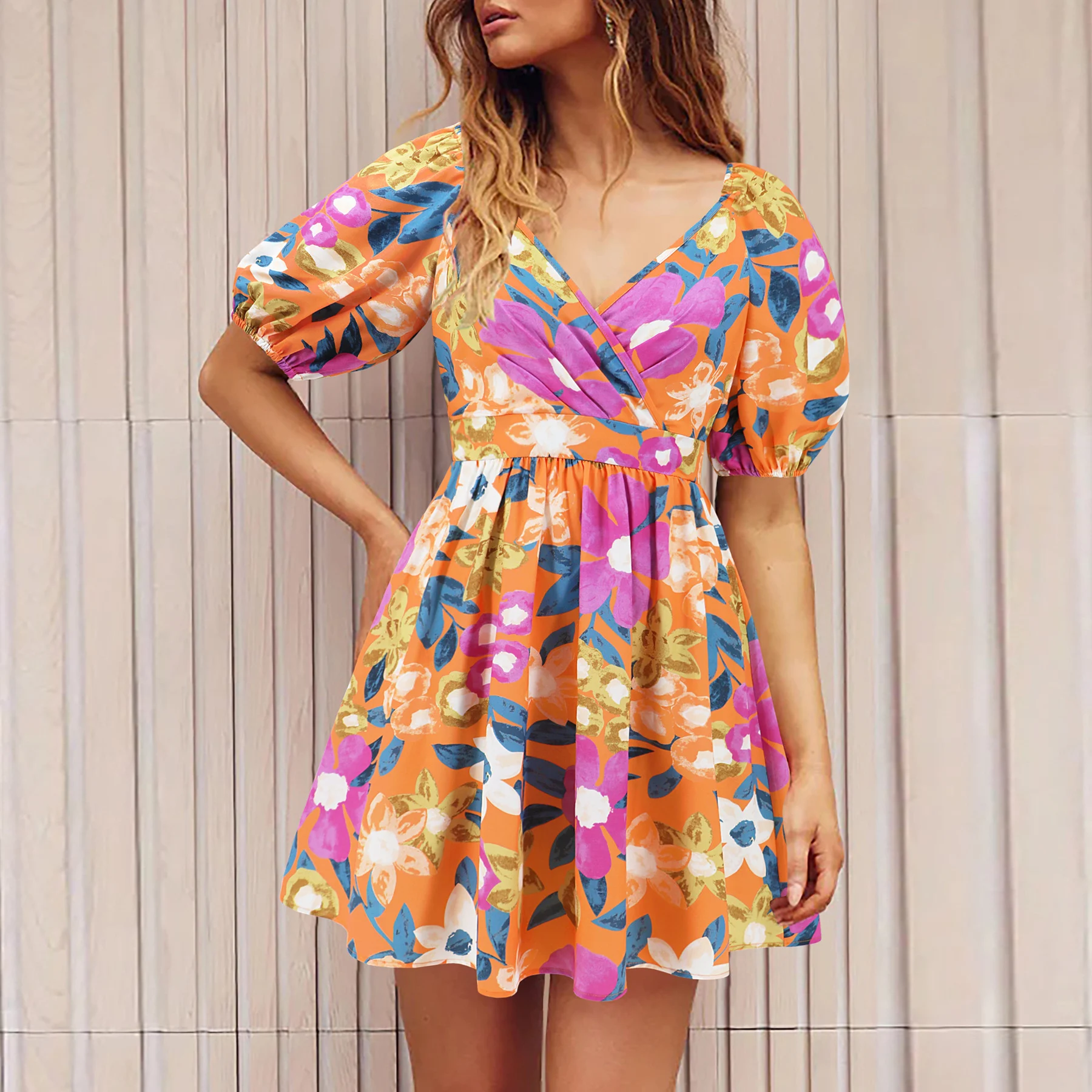 Flowers Print V-Neck Lantern-sleeve Dress Y2K Summer Vacation Beach Short Dresses Fashion Womens Clothing - Image 4