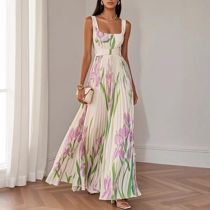 Floral Print Pleated Dress Summer A-Line Sleeveless Midi Dresses Women's Clothing - Image 9