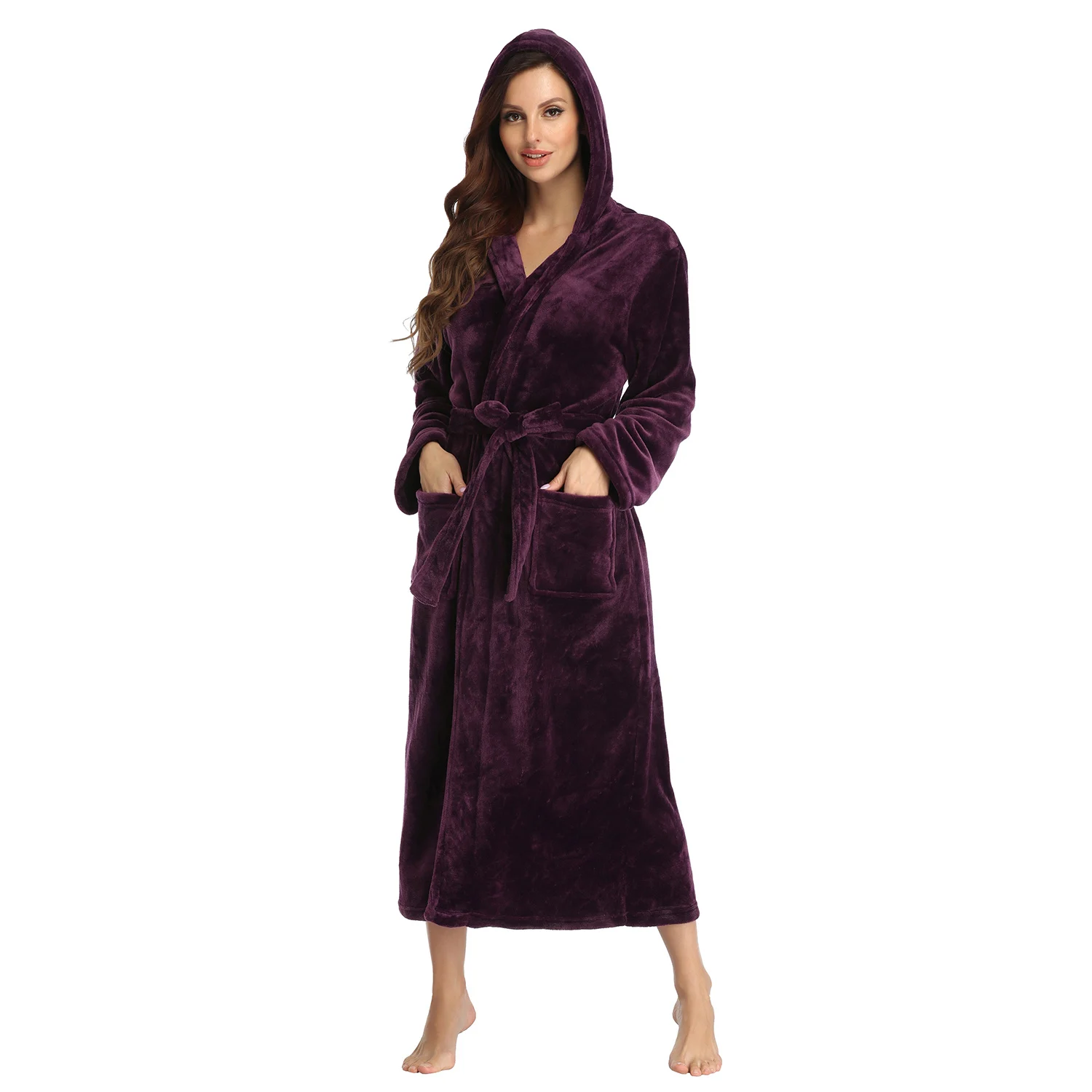 RONGTAI Womens Long Robes Plush Fleece Nightgown Thick Hooded Bathrobe With Pockets Fluffy Sleepwear For Men - Image 5