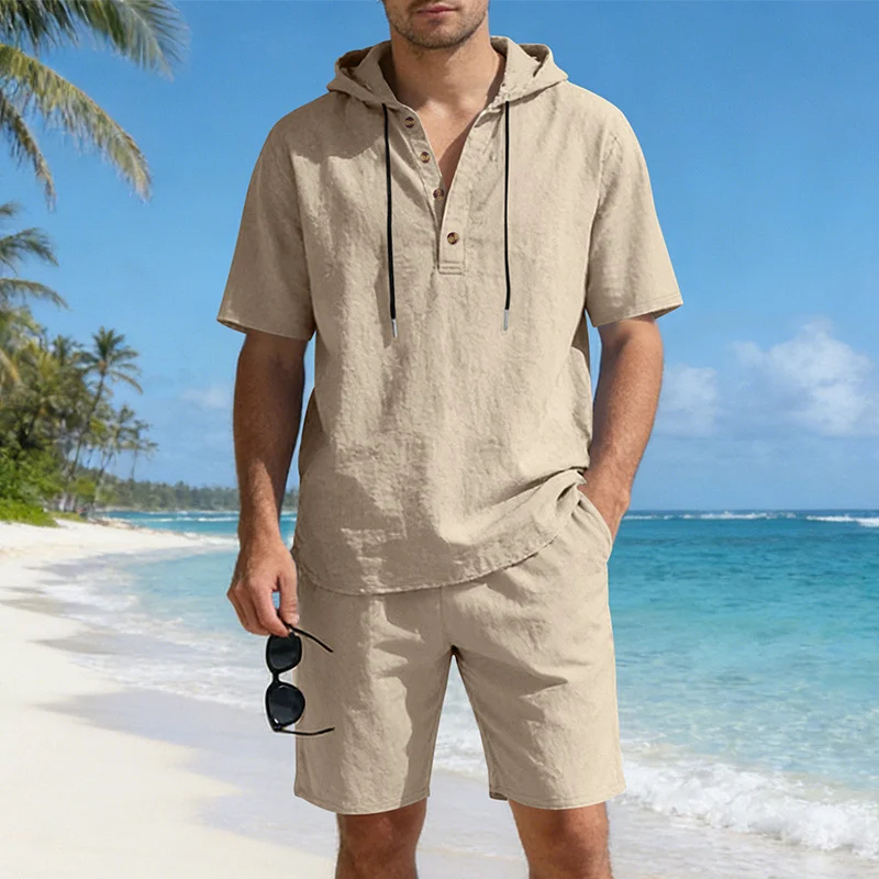Men's Linen Hooded Casual Set - Loose Fit Breathable Two-Piece Outfit For Summer Daily Wear Holiday Outfit - Image 5