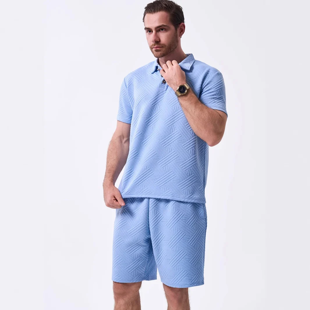 New Mens Solid-color Jacquard Casual Short-sleeve Top And Shorts Two-piece Set