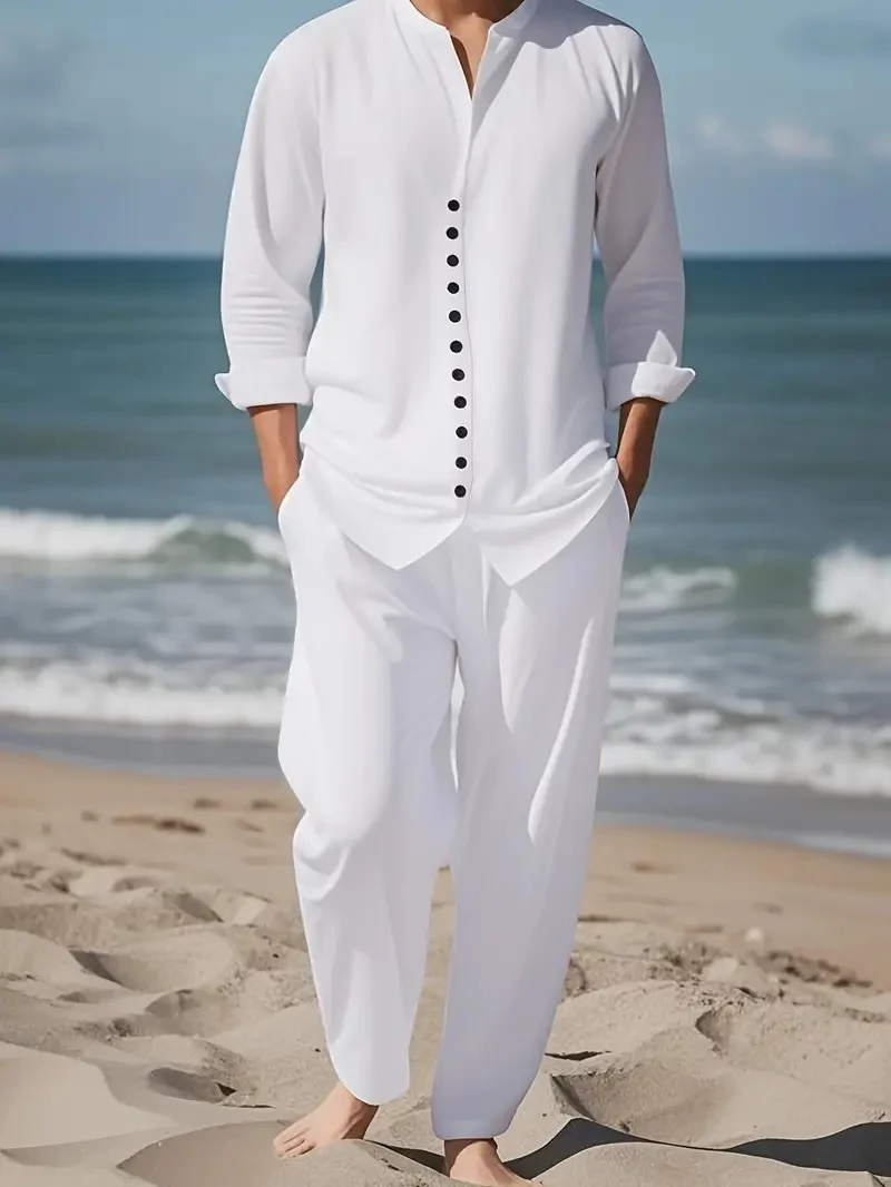 Spring Autumn Casual Lapel Long-Sleeve Mens Shirt Set - Image 4