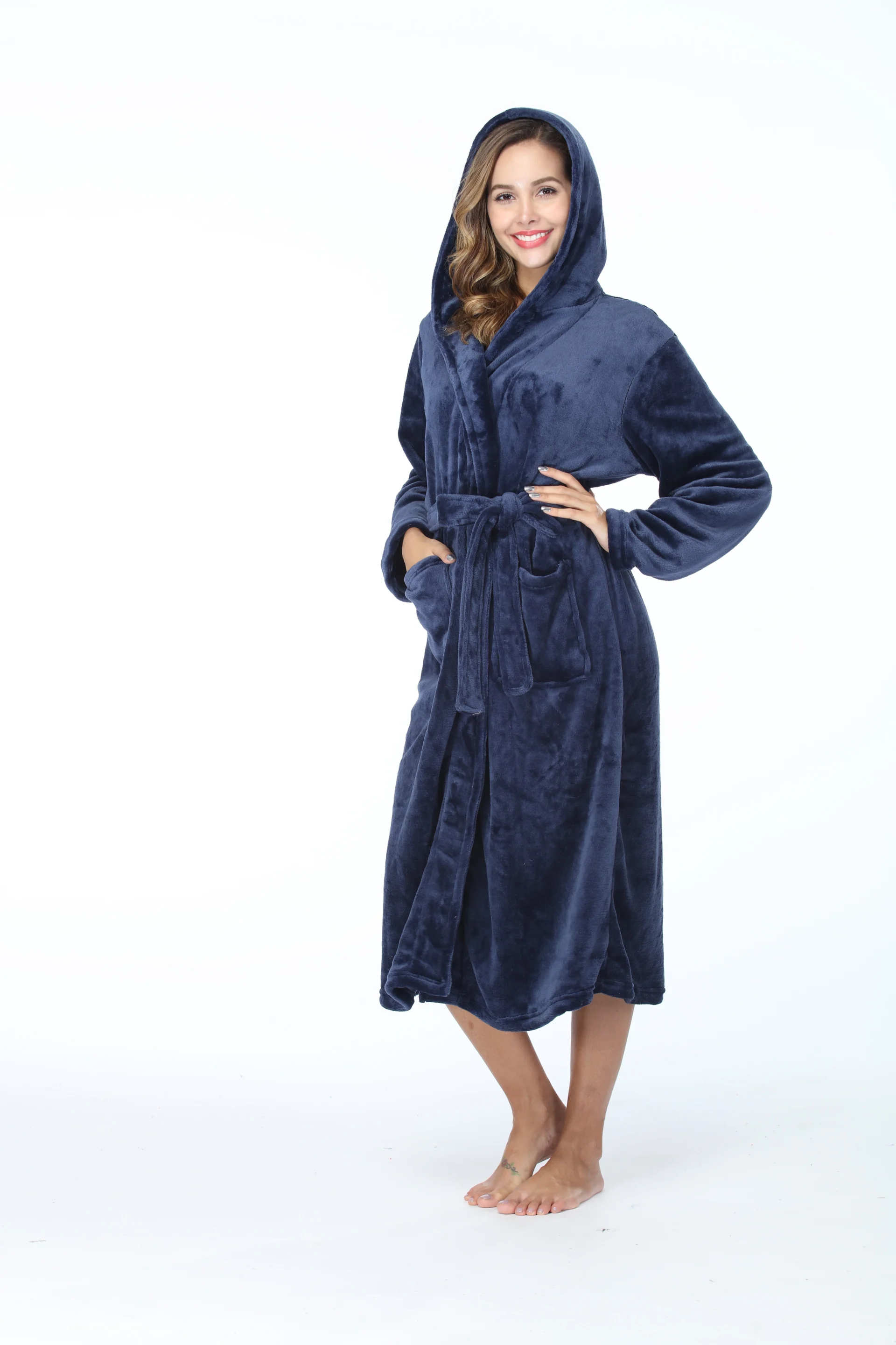 RONGTAI Womens Long Robes Plush Fleece Nightgown Thick Hooded Bathrobe With Pockets Fluffy Sleepwear For Men - Image 4
