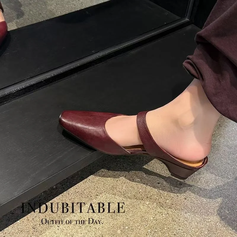 Women's Handmade Washed Leather Mary Jane Mules, Square Toe Mid Heel Slip-On Slides With Pigskin Lining - Image 10