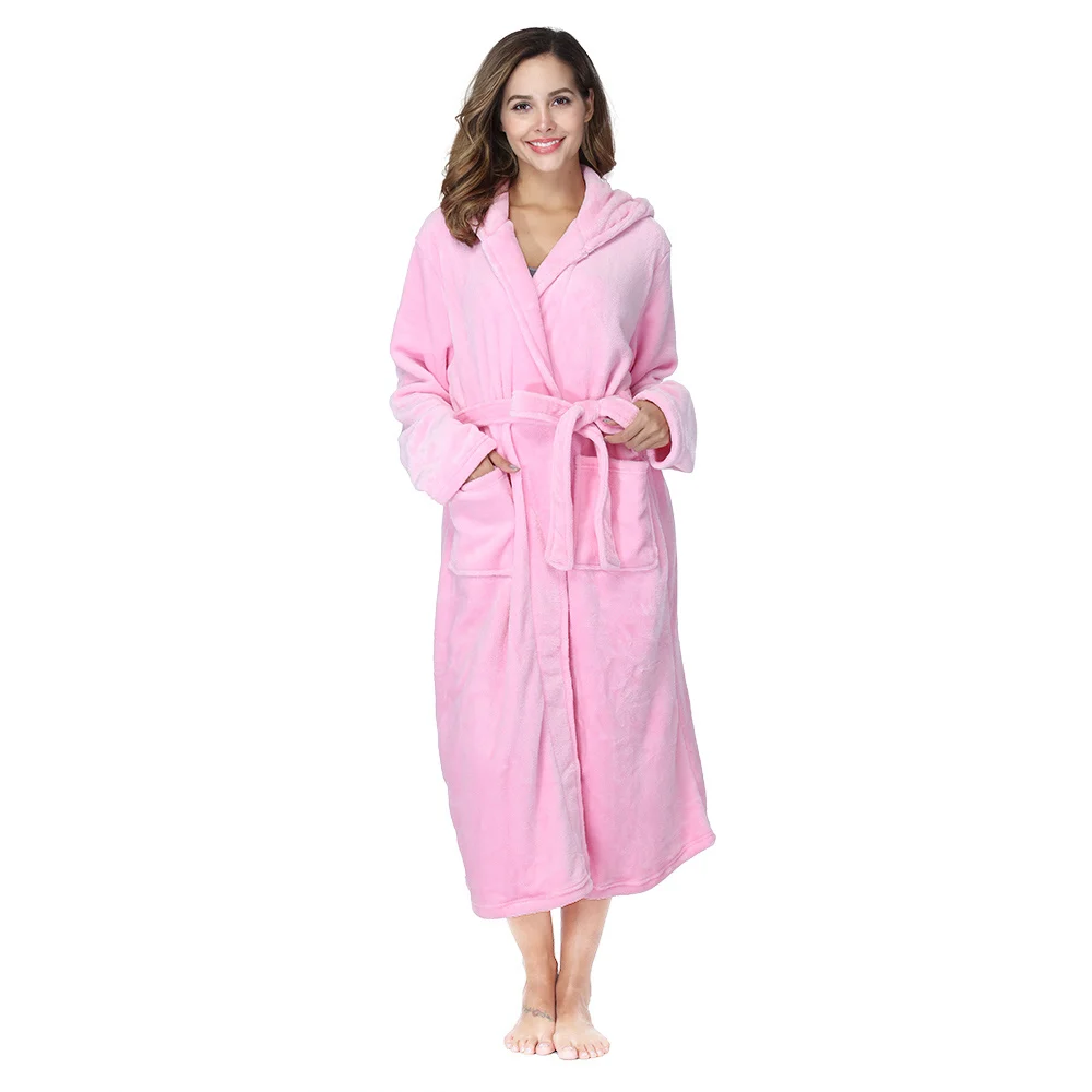 RONGTAI Womens Long Robes Plush Fleece Nightgown Thick Hooded Bathrobe With Pockets Fluffy Sleepwear For Men - Image 4