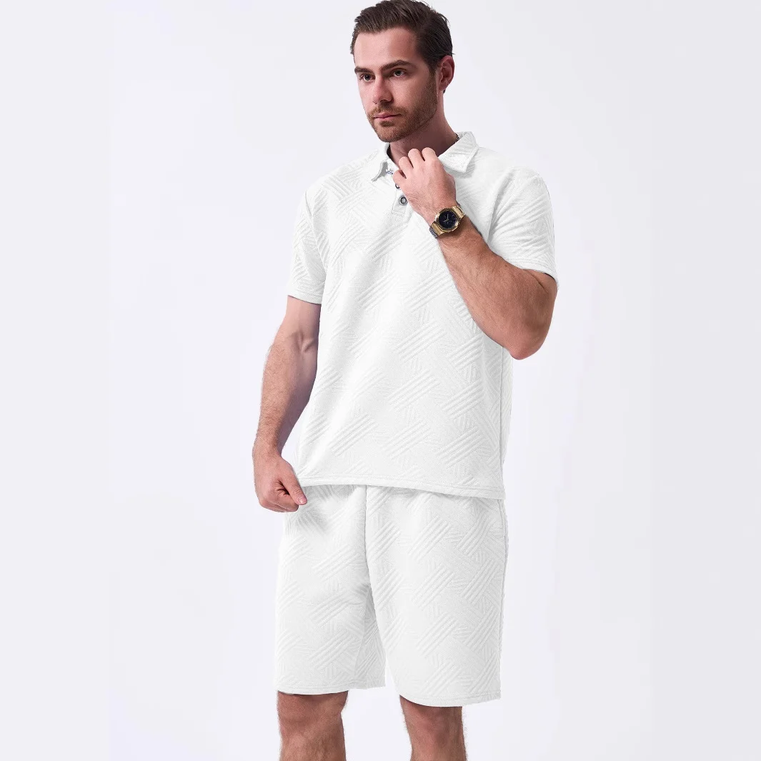 New Mens Solid-color Jacquard Casual Short-sleeve Top And Shorts Two-piece Set - Image 4
