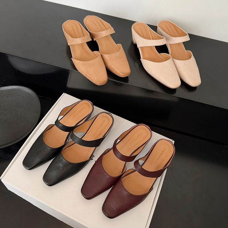 Women's Handmade Washed Leather Mary Jane Mules, Square Toe Mid Heel Slip-On Slides With Pigskin Lining - Image 4