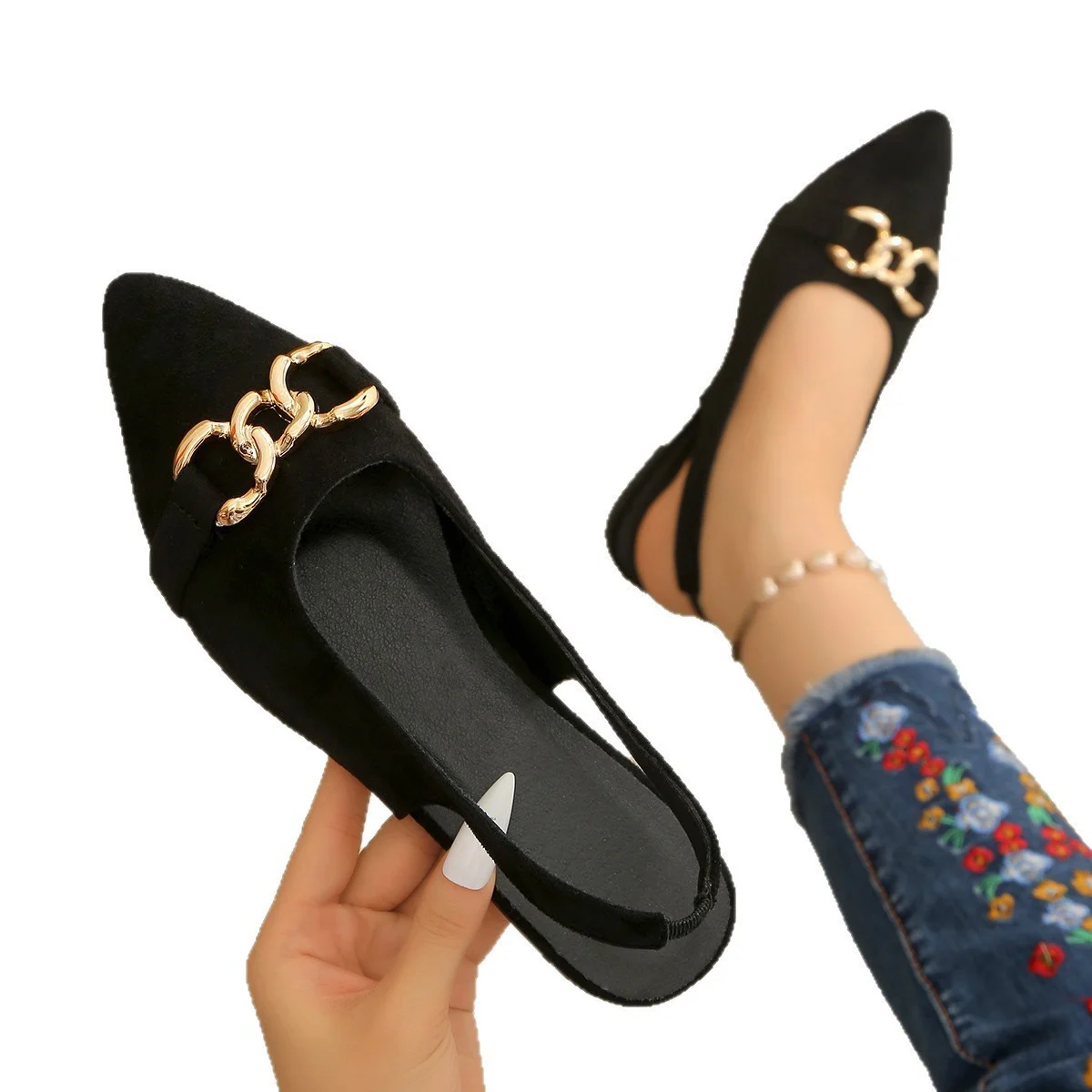 Cross-border Flat-heeled Vintage Closed-toe Sandals Open-back Suede Strappy Sandals With Horsebit Buckles - Image 2