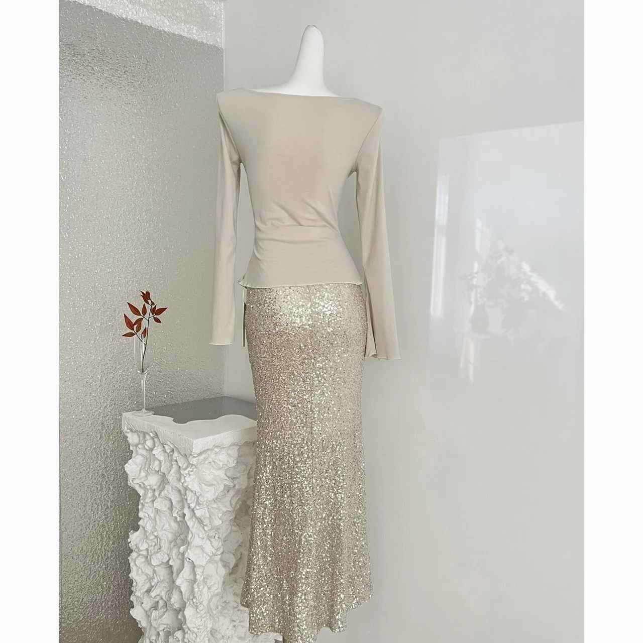 Women's Champagne Gold Sequin Two-Piece Evening Gown Set Ruched Top Mermaid Skirt Formal Party Dress - Image 7