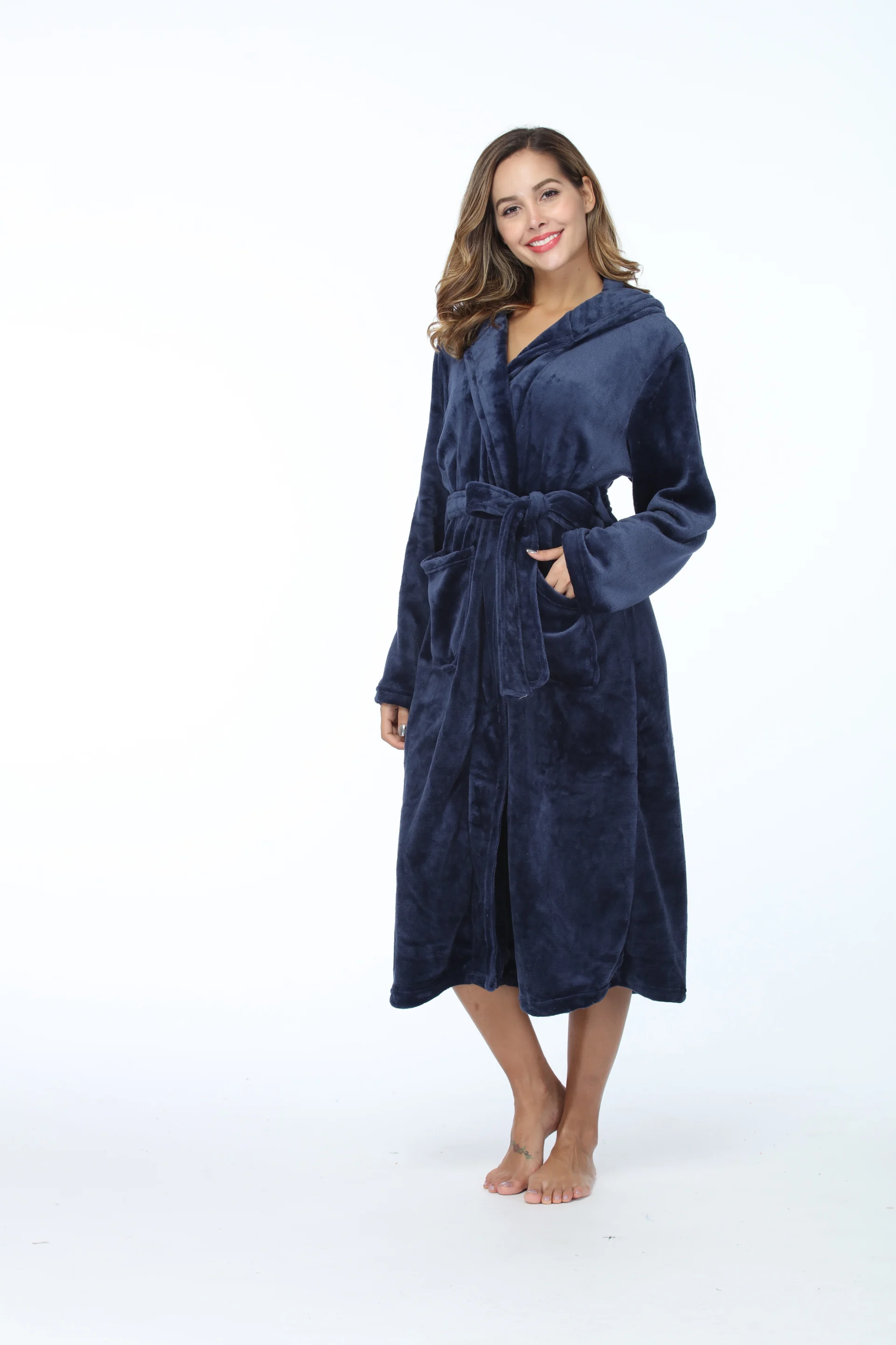 RONGTAI Womens Long Robes Plush Fleece Nightgown Thick Hooded Bathrobe With Pockets Fluffy Sleepwear For Men - Image 7