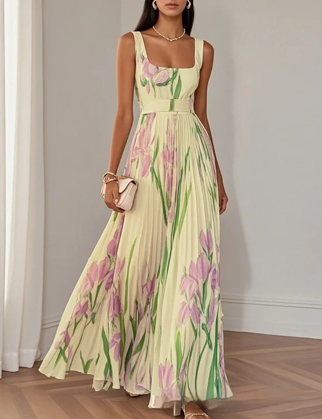 Floral Print Pleated Dress Summer A-Line Sleeveless Midi Dresses Women's Clothing - Image 8