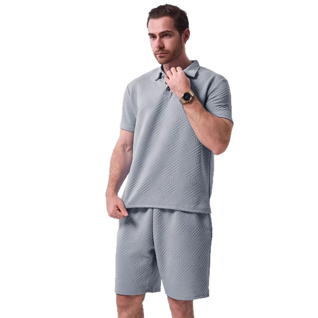New Mens Solid-color Jacquard Casual Short-sleeve Top And Shorts Two-piece Set - Image 2