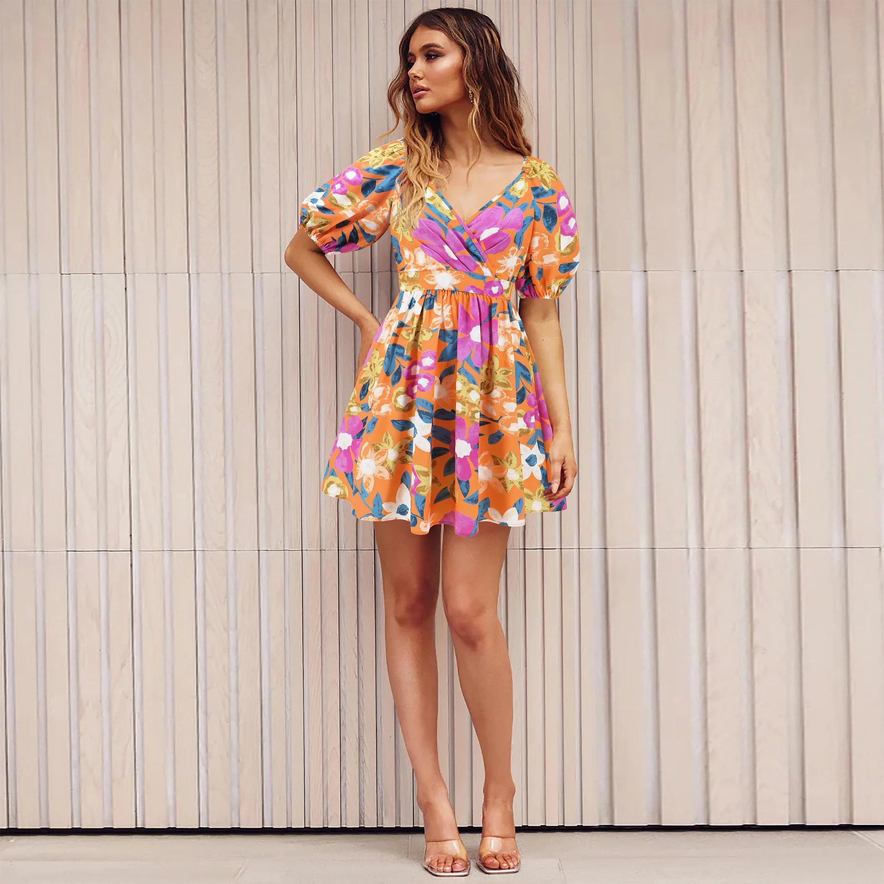 Flowers Print V-Neck Lantern-sleeve Dress Y2K Summer Vacation Beach Short Dresses Fashion Womens Clothing - Image 9