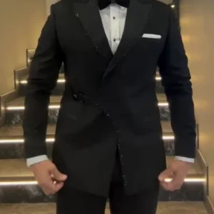 Men's Black Crystal Edge-Trim Belted Peak Lapel Tuxedo Blazer
