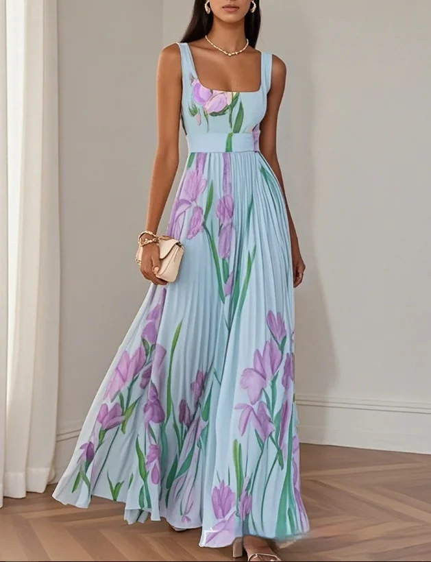 Floral Print Pleated Dress Summer A-Line Sleeveless Midi Dresses Women's Clothing - Image 6